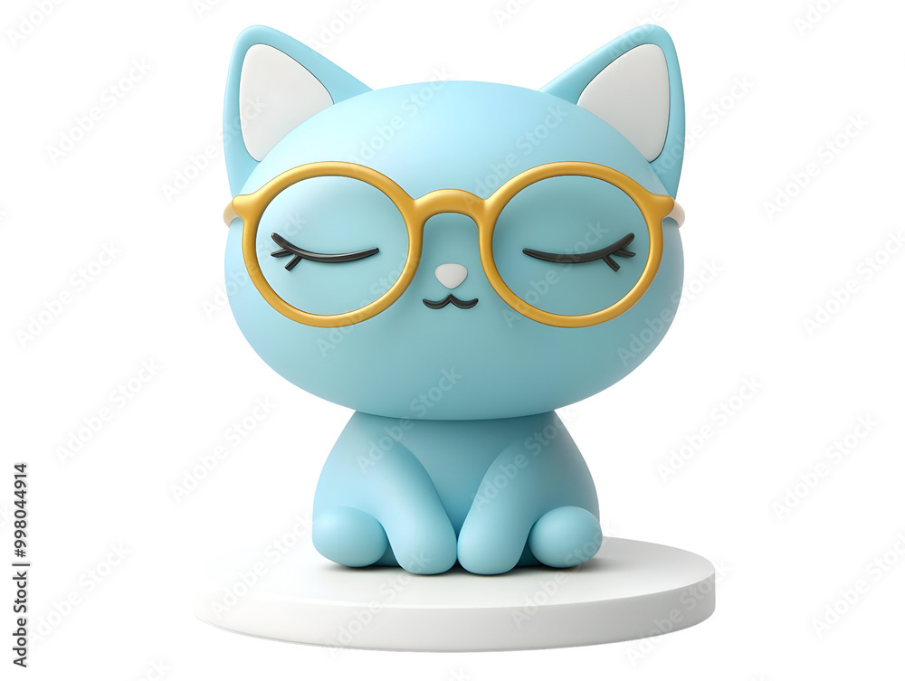 Fototapeta premium Cute blue cat figurine with glasses, sitting peacefully on a white base, isolated on a clean background.