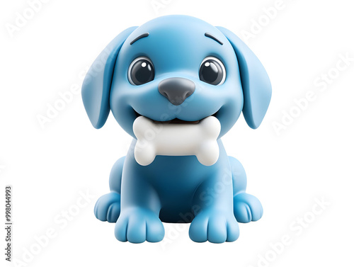 Cute blue puppy with a bone, isolated on a white background.