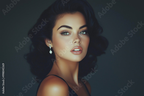 Beautiful woman with a vintage hairstyle, wearing a black dress, posing against a dark background and looking at the camera. Portrait of a fashion model with an elegant hairdo and smoky eye makeup.