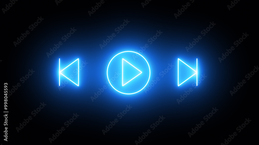 Neon glowing sign play button animation blue color on black background music play button icon animation. neon style press start icon, technology and computer concept, glowing light. Neon glowing sign play button animation blue color on black background music play button icon animation. neon style press start icon, technology and computer concept, glowing light.