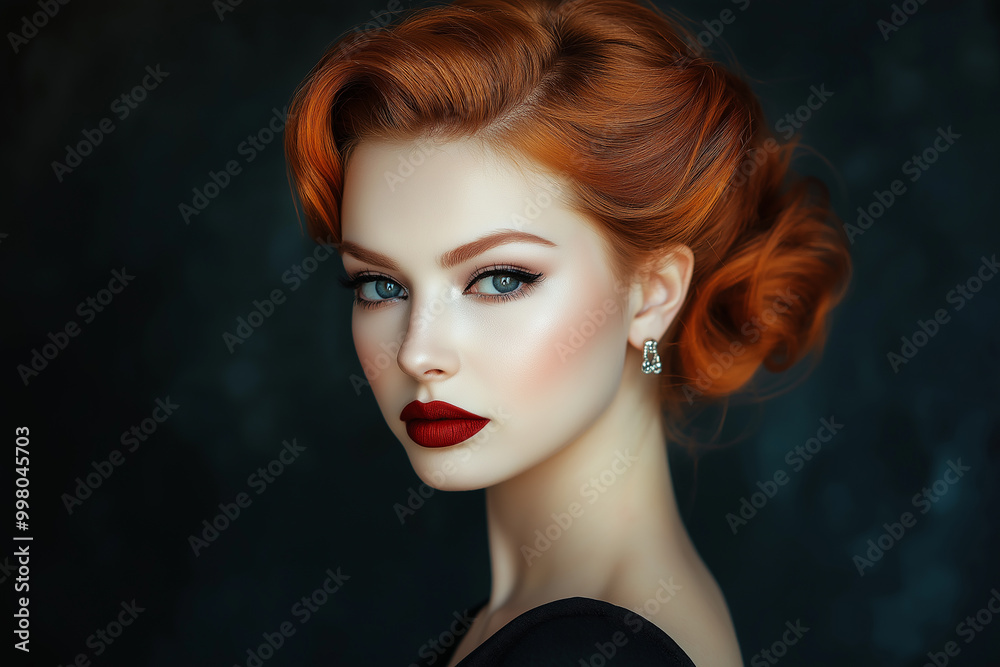 Naklejka premium Beautiful woman with a vintage hairstyle, wearing a black dress, posing against a dark background and looking at the camera. Portrait of a fashion model with an elegant hairdo and smoky eye makeup.