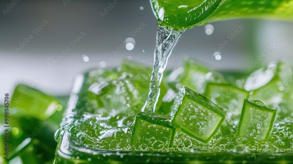 A refreshing green liquid is being poured over jelly-like cubes, creating splashes and capturing a vibrant, lively atmosphere. A refreshing green liquid is being poured over jelly-like cubes, creating splashes and capturing a vibrant, lively atmosphere.