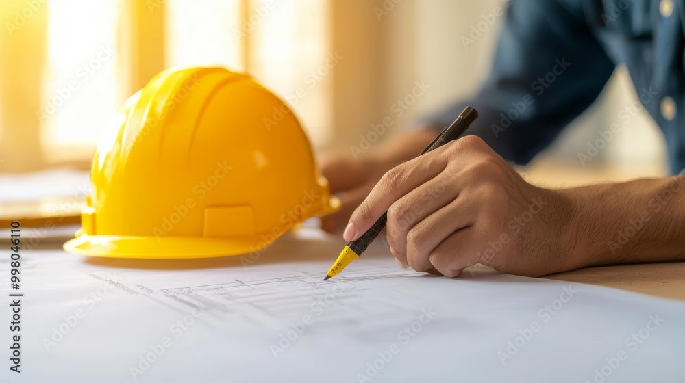 Construction worker reviewing plans with a yellow hard hat and pen on blueprints. Construction worker reviewing plans with a yellow hard hat and pen on blueprints.