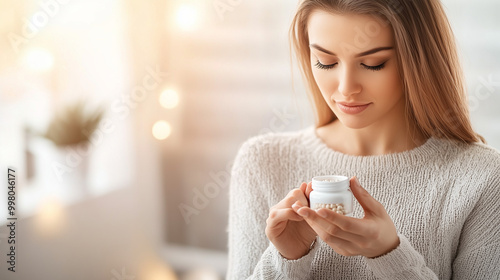 Determined Woman Holding Weight-Loss Pills in a Minimalist Room with Soft Lighting, Focused on Health and Wellness Goals photo