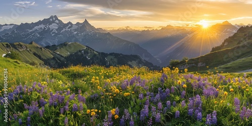 Fototapeta Naklejka Na Ścianę i Meble -  Wildflowers in the Swiss Alps at Sunrise with Majestic Peaks