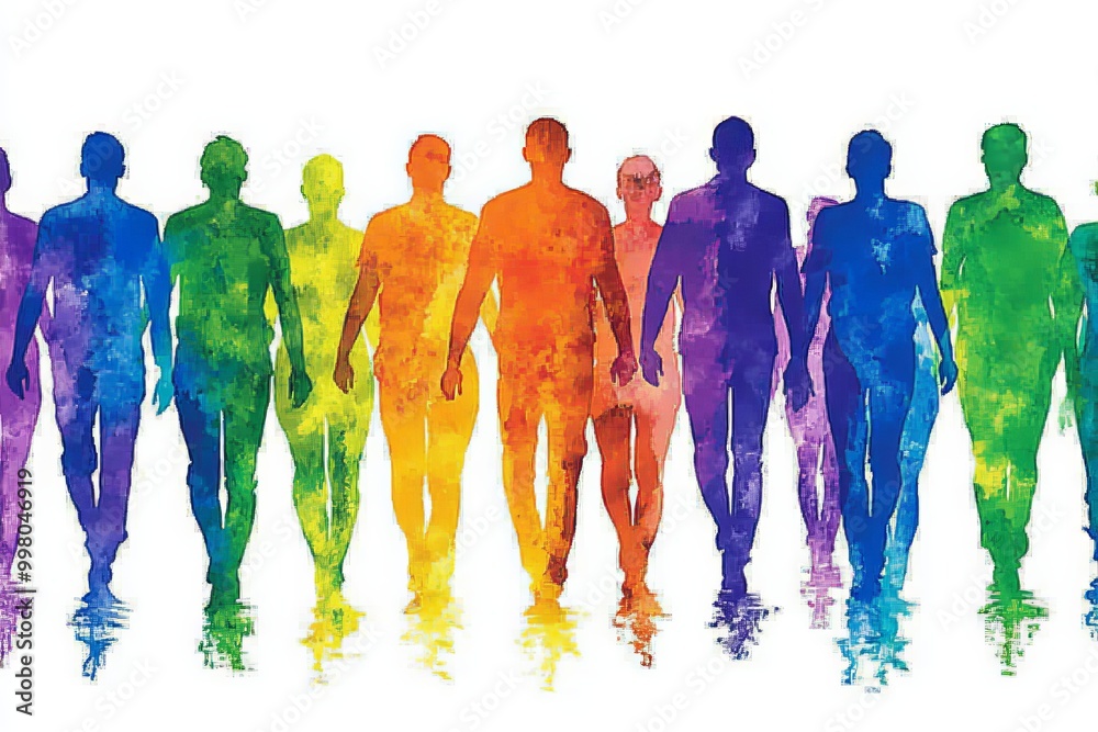 Obraz premium Abstract watercolor silhouettes of human figures in vibrant rainbow shades representing inclusivity unity and the celebration of diversity in a dynamic composition