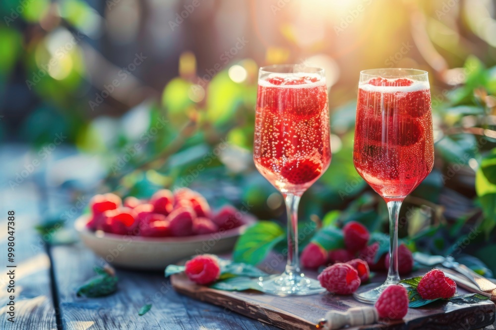 Raspberry Mimosa with raspberry juice and champagne, served in a stylish glass, garden party background Raspberry Mimosa with raspberry juice and champagne, served in a stylish glass, garden party background