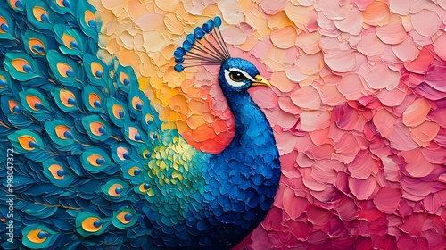 A vibrant peacock showcases its dazzling feathers with unique holographic patterns on a textured backdrop.