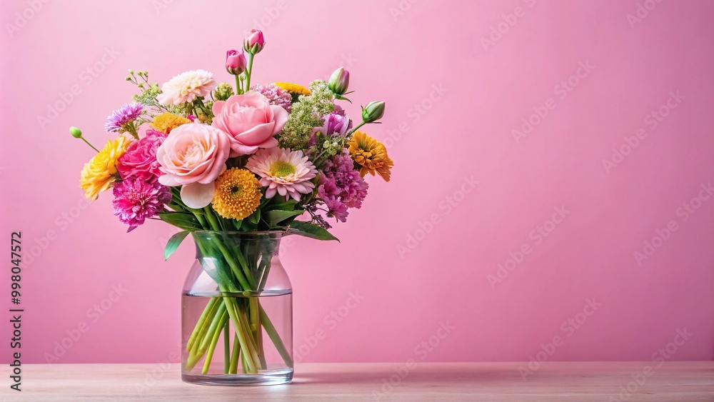 Floral arrangement with glass vase on pink background Floral arrangement with glass vase on pink background