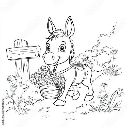 Beautiful Donkey Coloring Page, Farm Animal Colouring Design for Your Corporate Books and Business Graphic Resource or Creative Project, Ai Generative photo