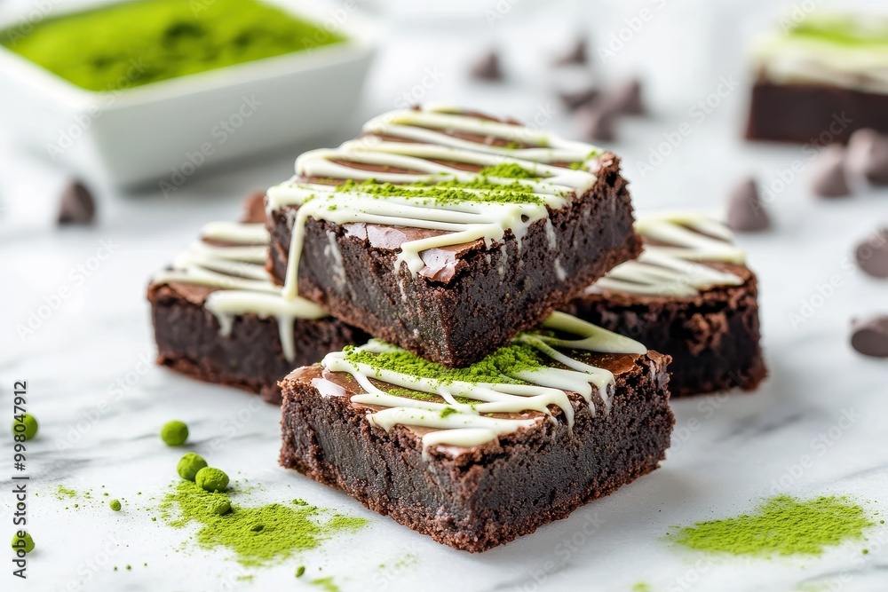 Rich chocolate brownies topped with white drizzle and matcha powder, served alongside a bowl of vibrant green matcha. Rich chocolate brownies topped with white drizzle and matcha powder, served alongside a bowl of vibrant green matcha.