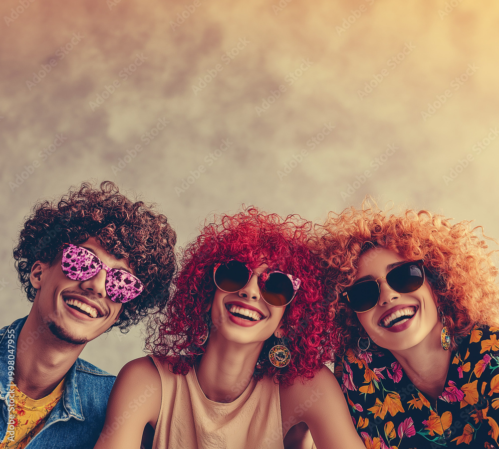 Fototapeta premium A group of friends enjoying and laughing. A hipster crowd of young people with a distinct sense of fashion, all wearing sunglasses. Copy space