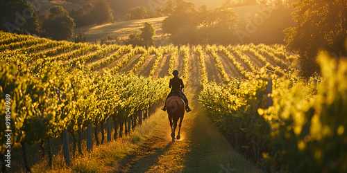 Scenic Horse Ride Along Rows of Grapevines During Sunset
