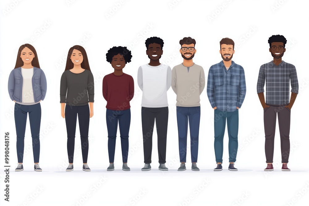 Obraz premium Group portrait of diverse individuals standing side by side symbolizing unity equality and social representation in a clean minimalist illustration with neutral tones