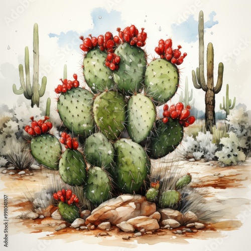 Wallpaper Mural A vibrant illustration of a prickly pear cactus adorned with red fruits, set against a desert landscape with saguaro cacti in the background. Torontodigital.ca