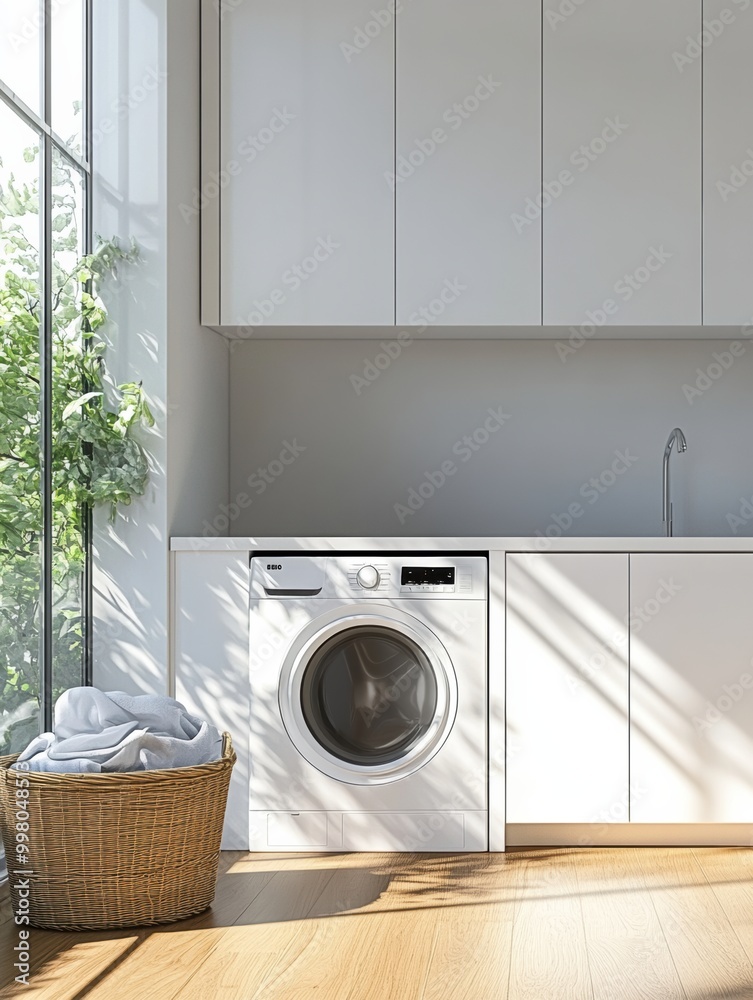The laundry room showcases built-in washing and drying machines, elegant white cabinetry, and a laundry basket in a well-lit area. Generative AI The laundry room showcases built-in washing and drying machines, elegant white cabinetry, and a laundry basket in a well-lit area. Generative AI