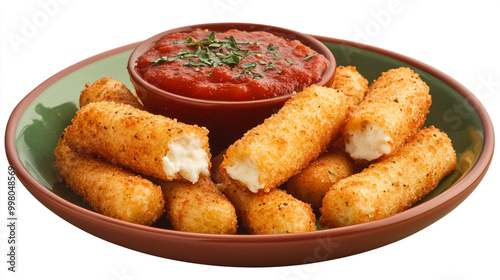 Crispy cheese sticks served with rich marinara sauce in a cozy dining setting