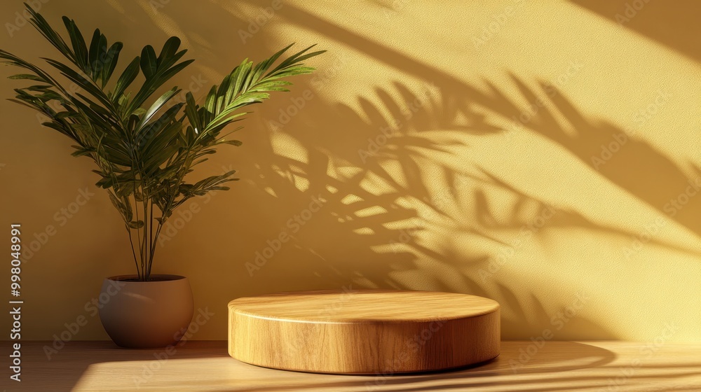 Round wooden podium casting warm shadows on a sunny wall, perfect for 3D product display mockup Round wooden podium casting warm shadows on a sunny wall, perfect for 3D product display mockup