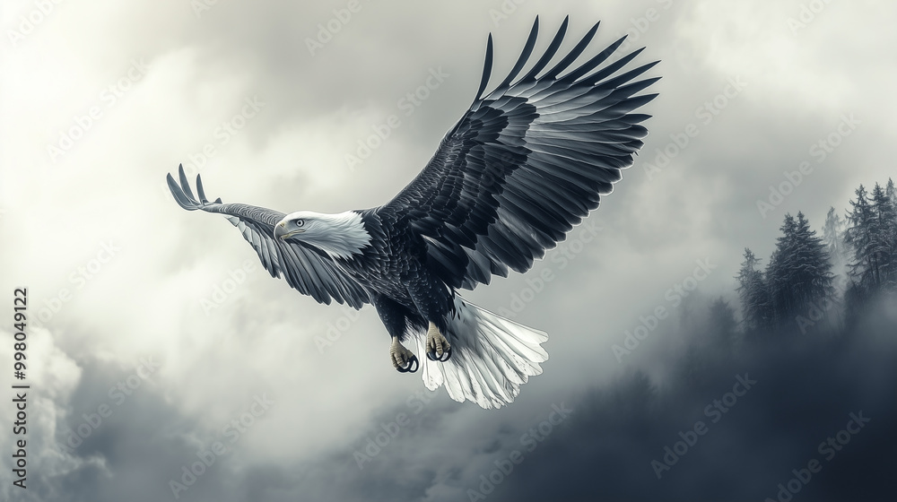 A black and white watercolor painting of an American bald eagle in flight spread wings on white background.
