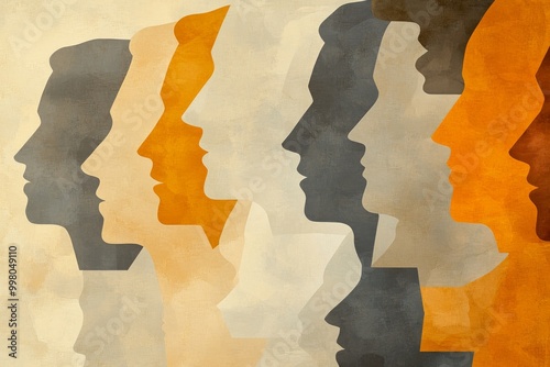 Abstract layered silhouette portrait of faces in warm shades of brown and orange representing cultural diversity human connection and social unity photo