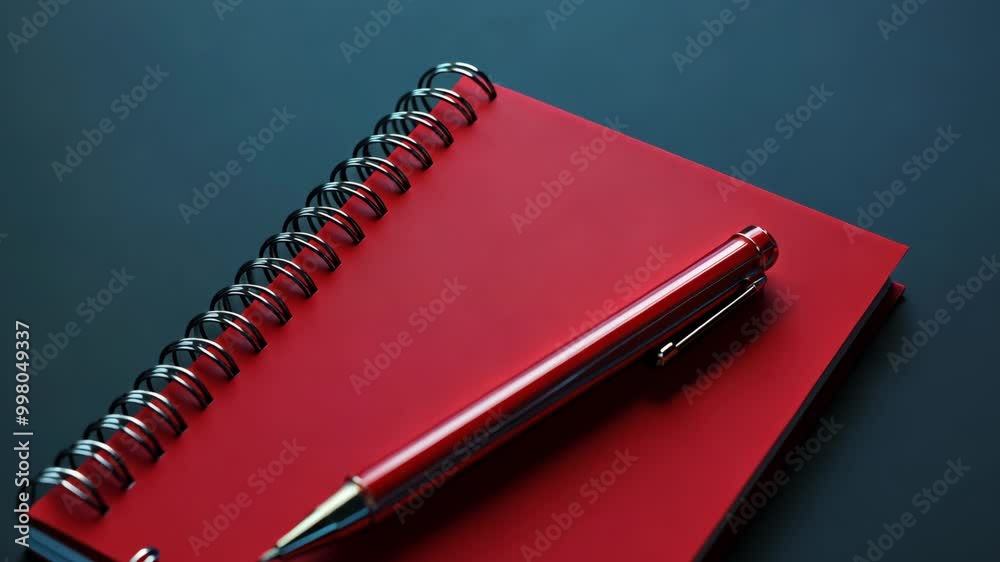 A red spiral notebook with a silver pen lies on a blue desk
