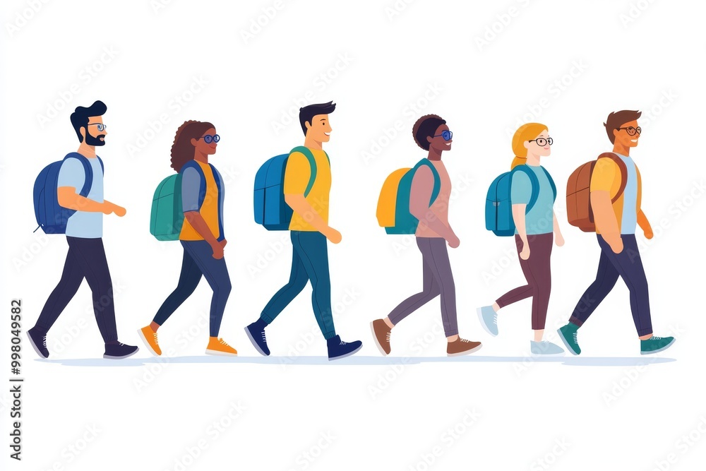 Diverse group of individuals walking side by side with backpacks symbolizing unity diversity and collective journey in a clean minimalist flat illustration Diverse group of individuals walking side by side with backpacks symbolizing unity diversity and collective journey in a clean minimalist flat illustration