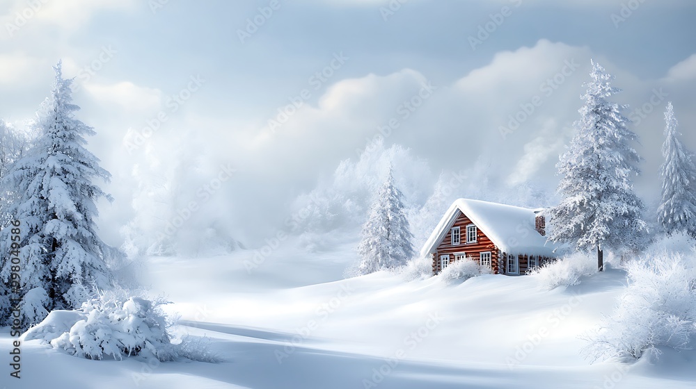Naklejka premium Snowy landscape with a cabin and trees on a blank white page