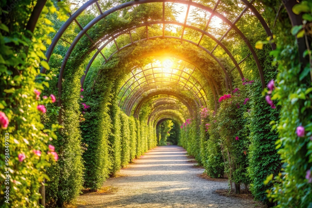 Floral garden path with arched greenery tunnels extreme close-up Floral garden path with arched greenery tunnels extreme close-up