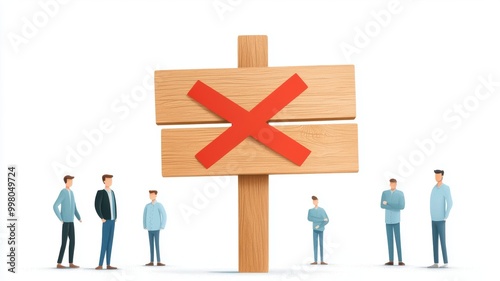 Business people around a wooden sign with a large red cross, symbolizing rejection, denial, or prohibition in a corporate context.