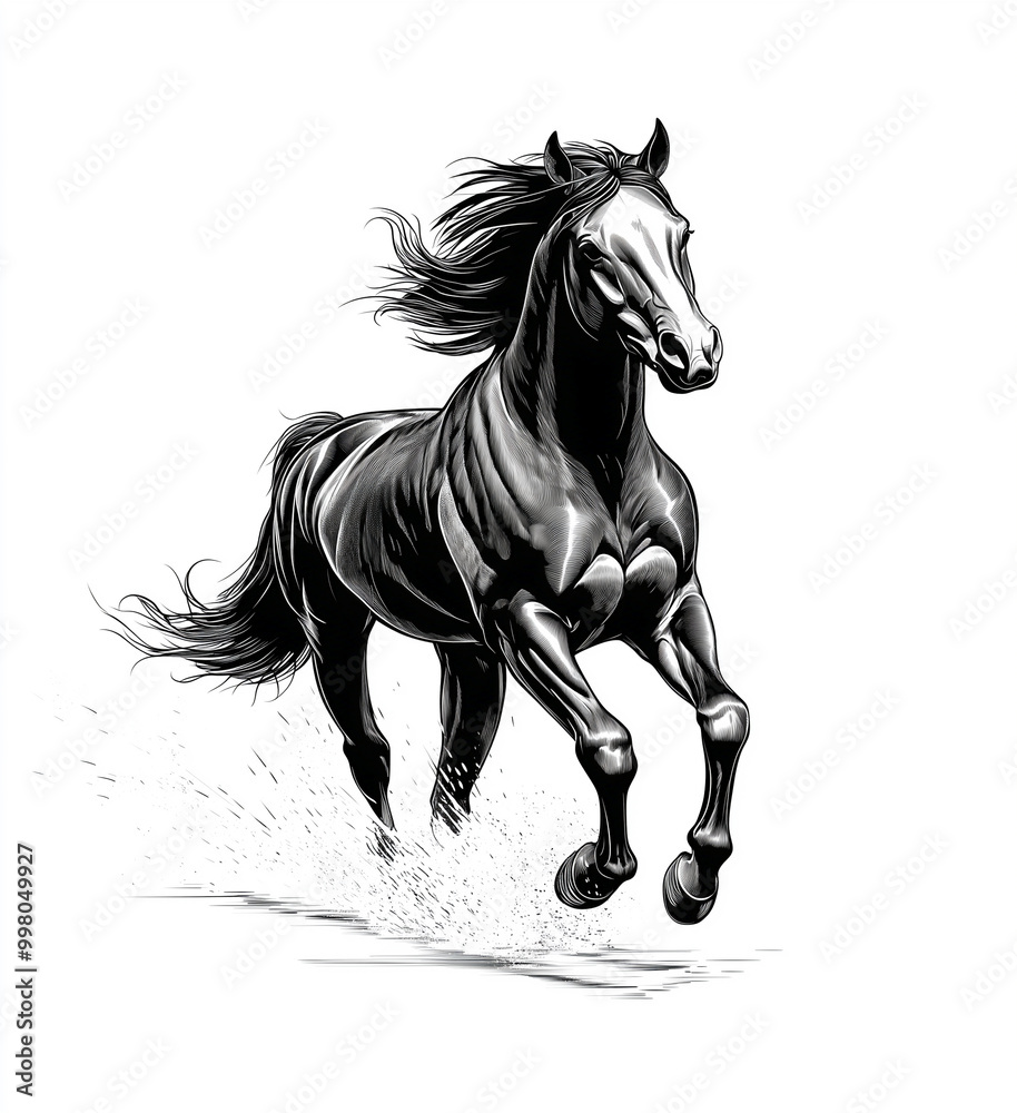 A dynamic black-and-white illustration of a powerful horse in full gallop, kicking up dust behind it A dynamic black-and-white illustration of a powerful horse in full gallop, kicking up dust behind it