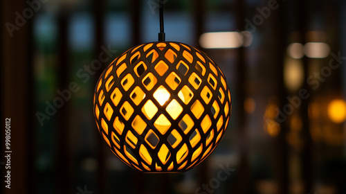 Elegant woven pendant light shining warmly in a cozy interior space during evening hours