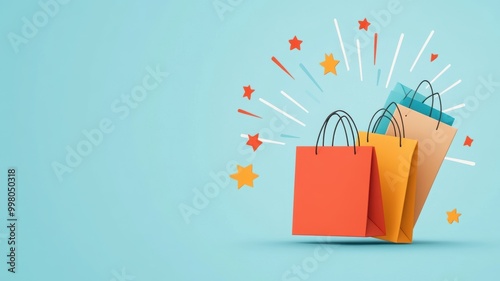 Colorful shopping bags on blue background with stars and sparkles, perfect for promotions, sales, and retail concepts.