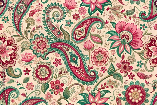 Floral paisley pattern of pink flowers and leaves on a seamless textile background