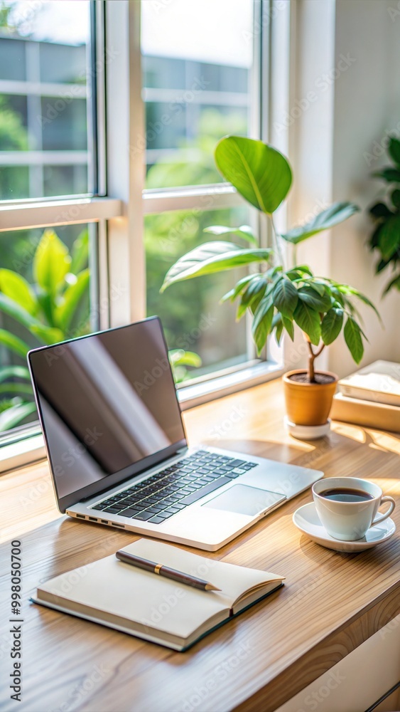 Bright home office workspace with laptop, notebook, and plants by the window for productivity and inspiration Bright home office workspace with laptop, notebook, and plants by the window for productivity and inspiration