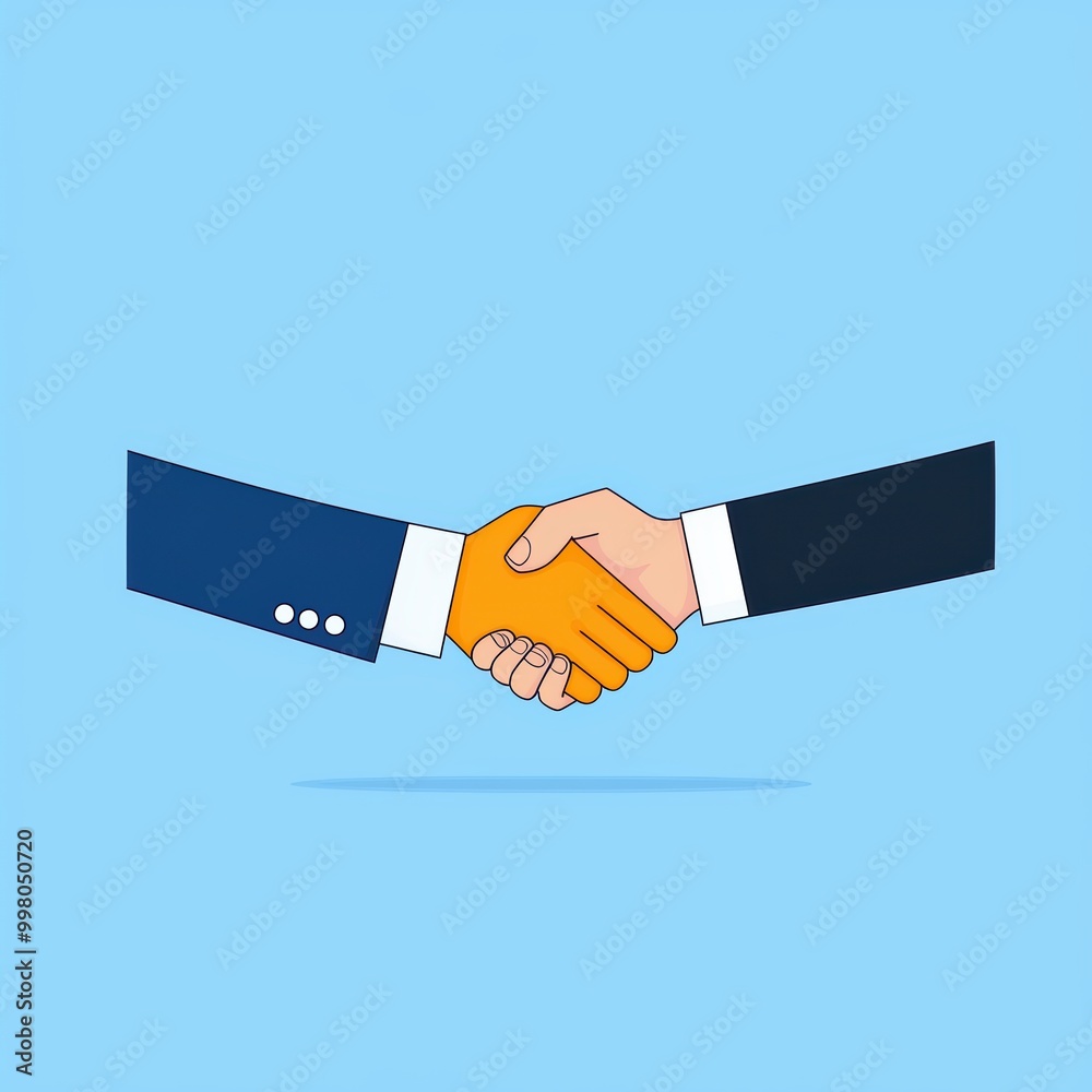 Illustration of a handshake on a light blue background, symbolizing agreement, partnership, and cooperation in a business context. Illustration of a handshake on a light blue background, symbolizing agreement, partnership, and cooperation in a business context.