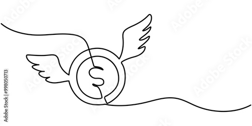 Continuous single one line drawing art of money paper flying with wings. Vector illustration of loss dollar banknote money, continuous line drawing of dollar coin with wings. Flying money. Economy