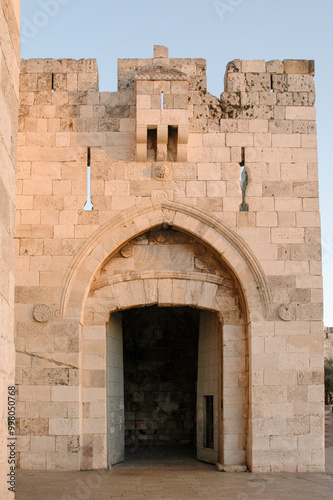 Walls, stone ramparts and the Jaffa Gate entrance to the Old City of Jerusalem.