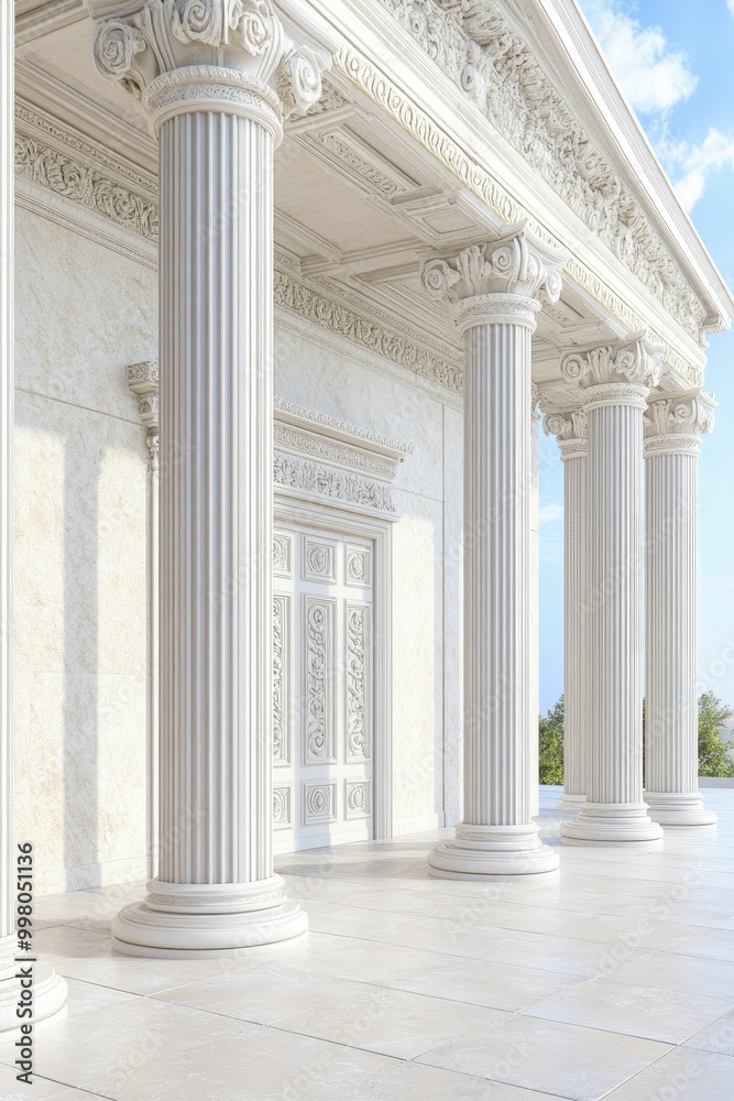 Fototapeta premium Elegant Architectural Detail of a Columned Building Showcasing Classic Design and Historical Influence in Urban Setting