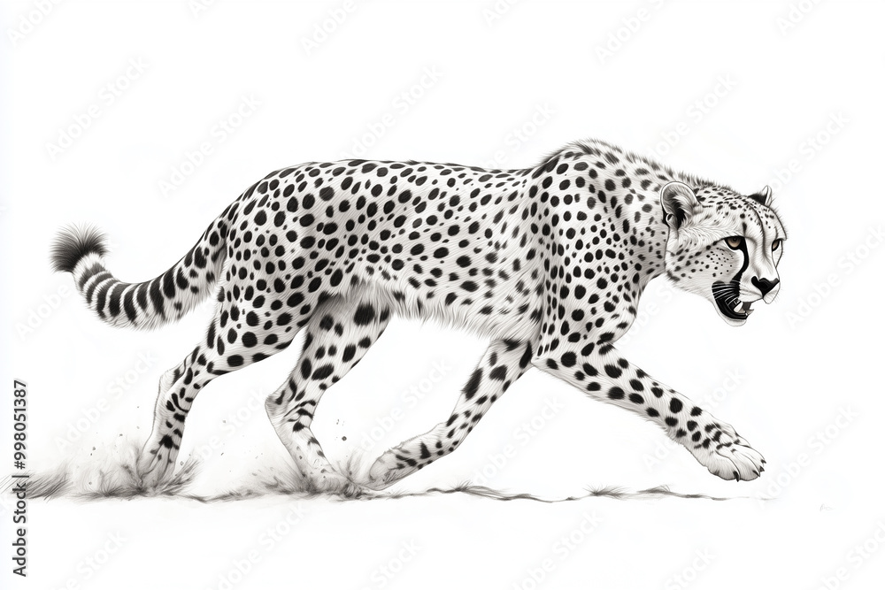A striking black-and-white illustration of a cheetah in full sprint, showcasing its speed and agility. A striking black-and-white illustration of a cheetah in full sprint, showcasing its speed and agility.