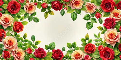 Floral pattern with red roses and green leaves from aerial view