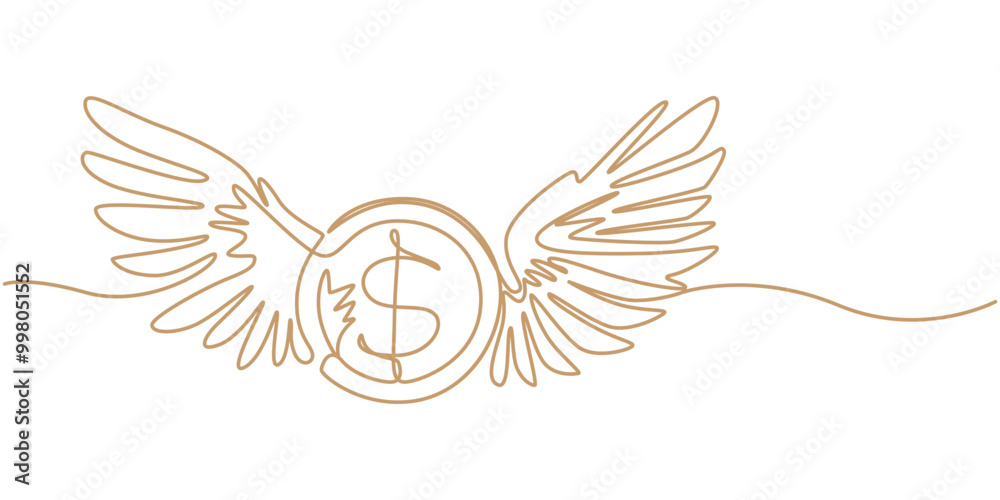 Obraz premium Continuous single one line drawing art of money paper flying with wings. Vector illustration of loss dollar banknote money, continuous line drawing of dollar coin with wings. Flying money. Economy