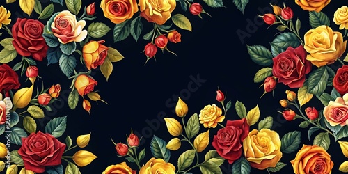 Floral pattern with yellow and red roses on a dark background, asymmetrical photo