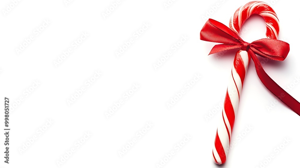 Candy cane with a bow on a blank white page Candy cane with a bow on a blank white page