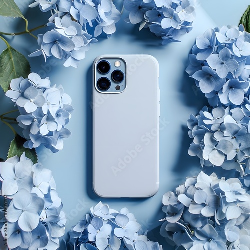 blue touch screen mobile phone surrounded by lilac flowers