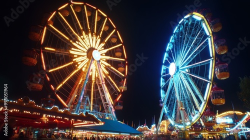 At night on October 4, 2010, an illuminated chairoplane and towering Ferris wheel stand out on the Oktoberfest fairgrounds in Munich, Germany.