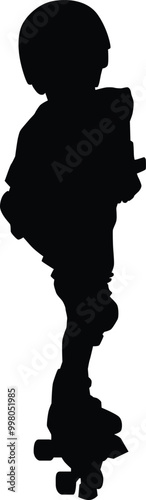 Hand drawn toddler roller skating silhouette. Kids playing outdoor activity full body illustration
