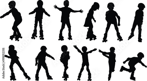 Set of toddler roller skating silhouette. Kids playing outdoor activity full body illustration
