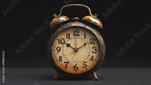 Vintage alarm clock on display with ornate details showing worn characteristics and time