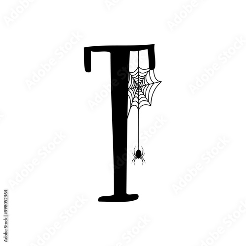 Logo con letra inicial T con tela de araña y araña colgando para tarjetas y felicitaciones de Halloween