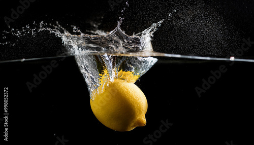 Fresh lemon and water splash against black background. Tasty sweet food. Natural fruit. photo